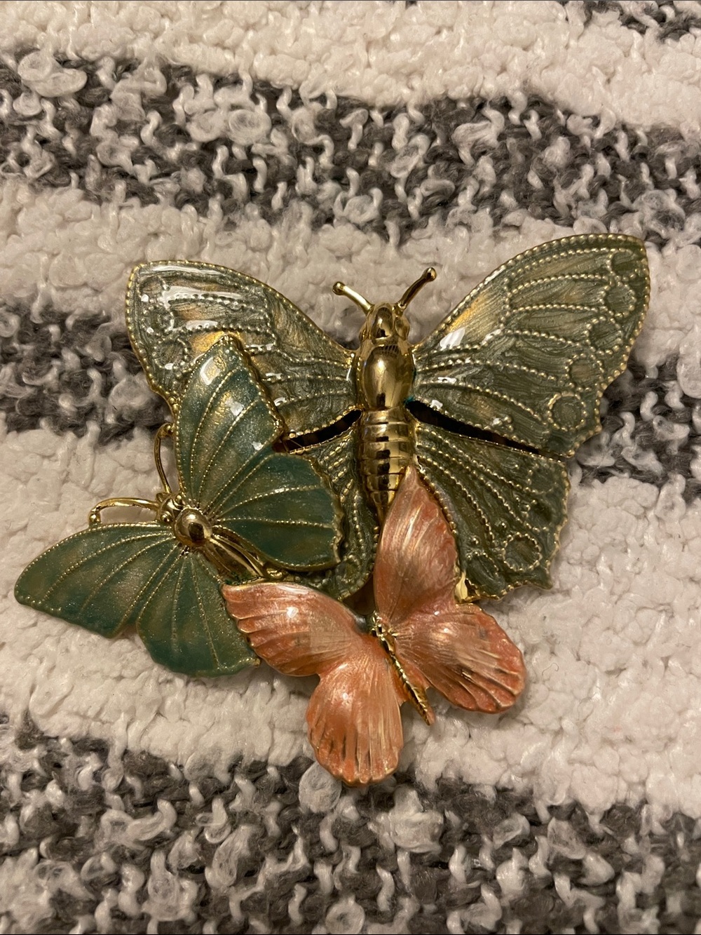 Vintage Gold Tone Enamel Triple Butterfly Cluster Brooch Pin